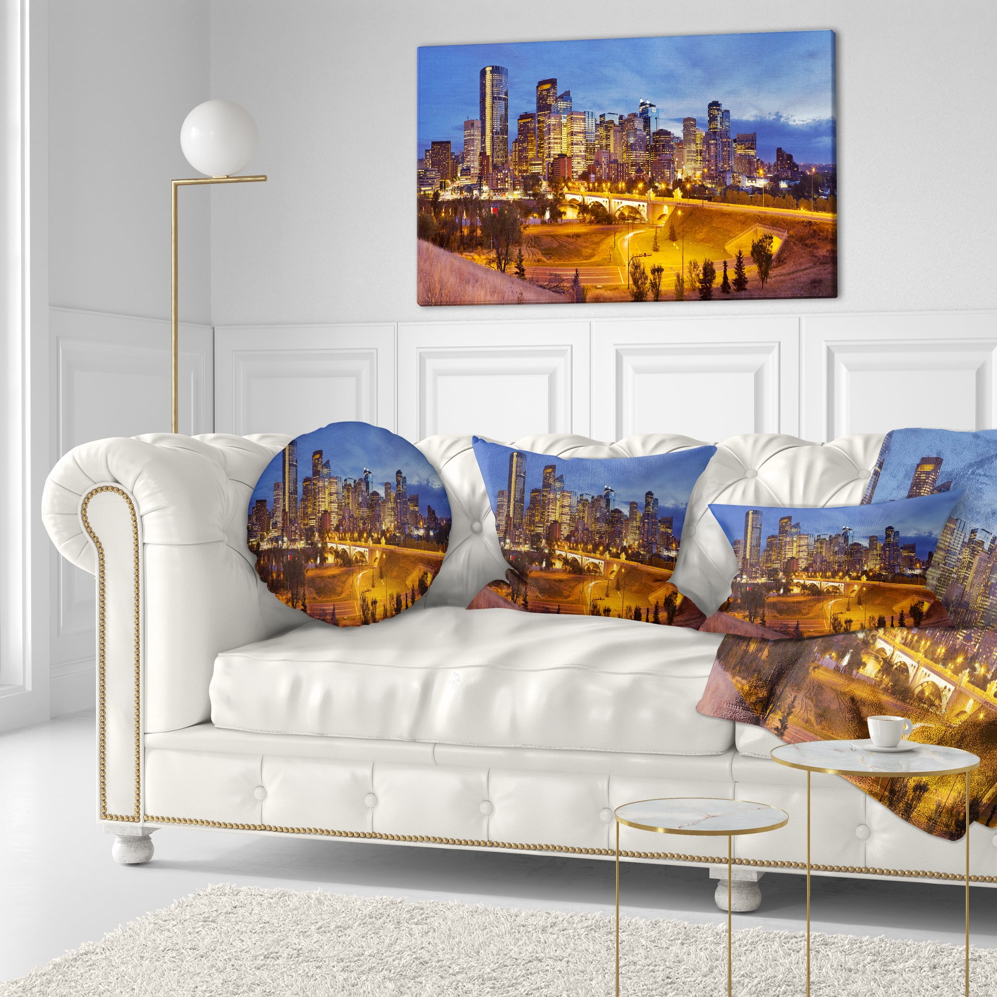 Designart Skyline of Calgary at Night Panorama - Modern Cityscape Throw Pillow - 12x20