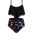 thumbnail image 2 of Women High Waisted Bikini Ruffle Swimsuit Flounce Pom Pom Trim Two Piece Bathing Suit Black Butterfly (M, 2 of 6