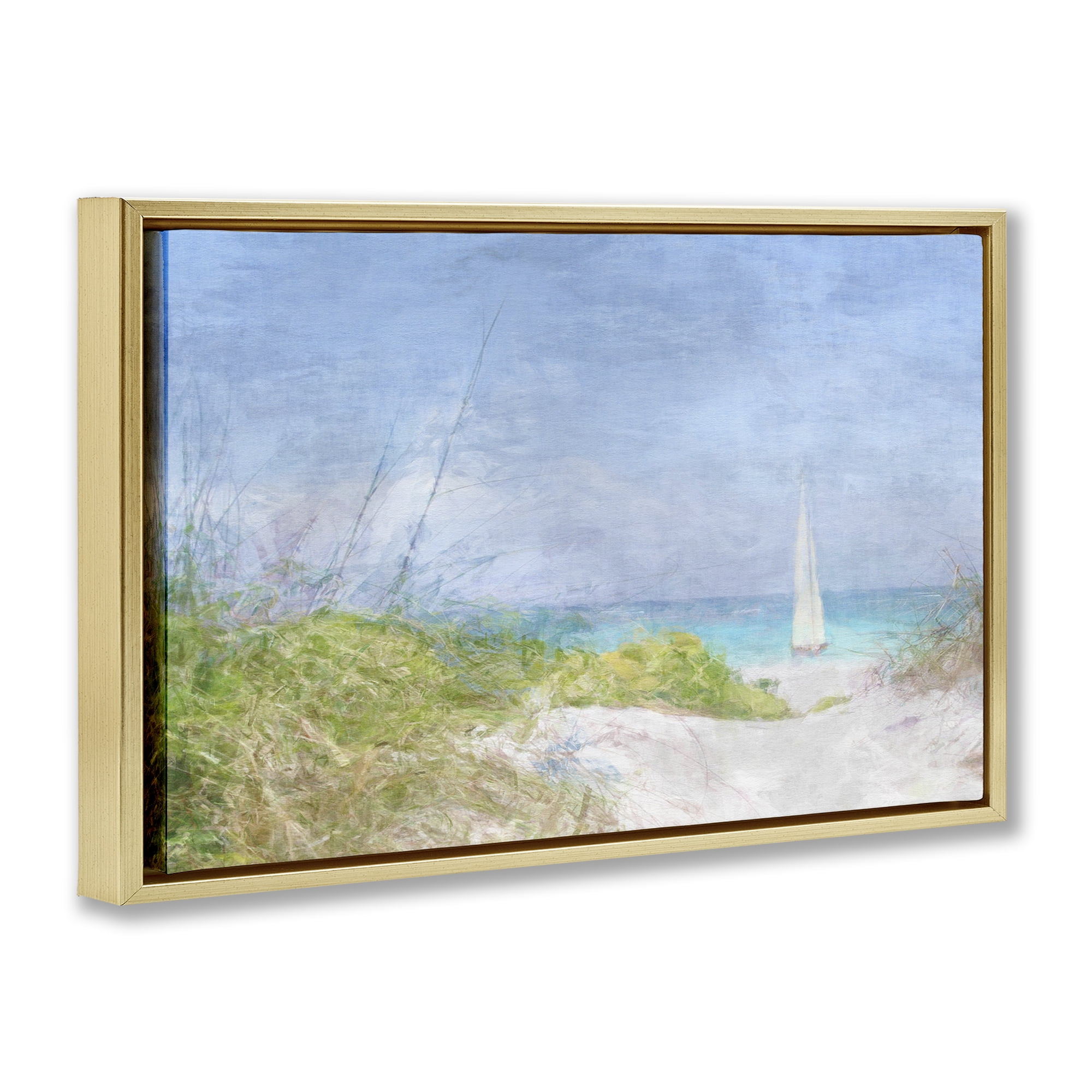 Stupell Industries Solitary Yacht Seascape Coastal Painting Gold Floater Framed Canvas Art Print Wall Art, 25 x 17