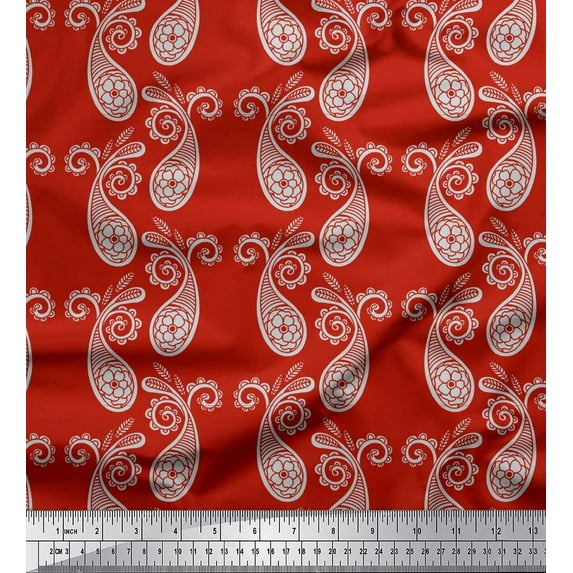 Soimoi Red Cotton Cambric Fabric Floral & Paisley Print Fabric by the Yard 42 Inch Wide