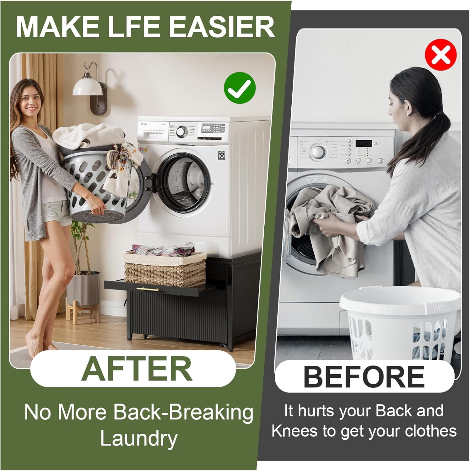 PAKASEPT Washer and Dryer Pedestals, 29" Laundry Pedestal  for Washer and Dryer Stand, Heavy Duty Shock-Proof Washer Stand, Laundry Dryer Stand with Pull-Out Shelf Storage Drainage,Black