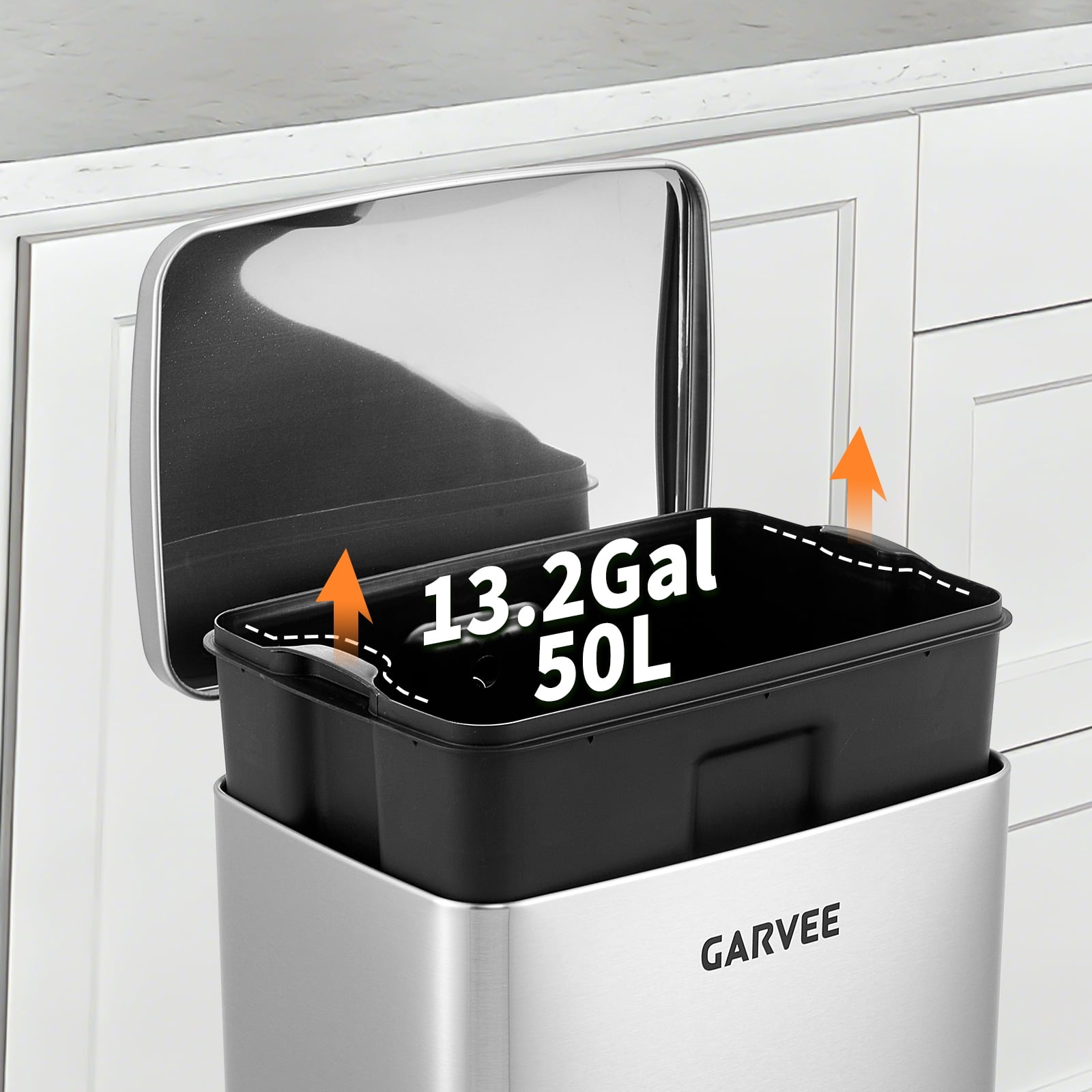 Garvee Kitchen Trash Can, 13 Gal / 50 L Stainless Steel Large Garbage Can with Quiet Soft-Close Lid, Step-on Kitchen Metal Trash Bin with Removable Inner Bucket for Living Room Office Garage,Silver