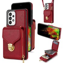 Allytech Case for Samsung Galaxy A53 5G, [Large Capacity] Wallet Case with Card Slots & Zipper Pocket, Premium PU Leather Metal Snap Kickstand Shockproof Case with Shoulder Strap, Red