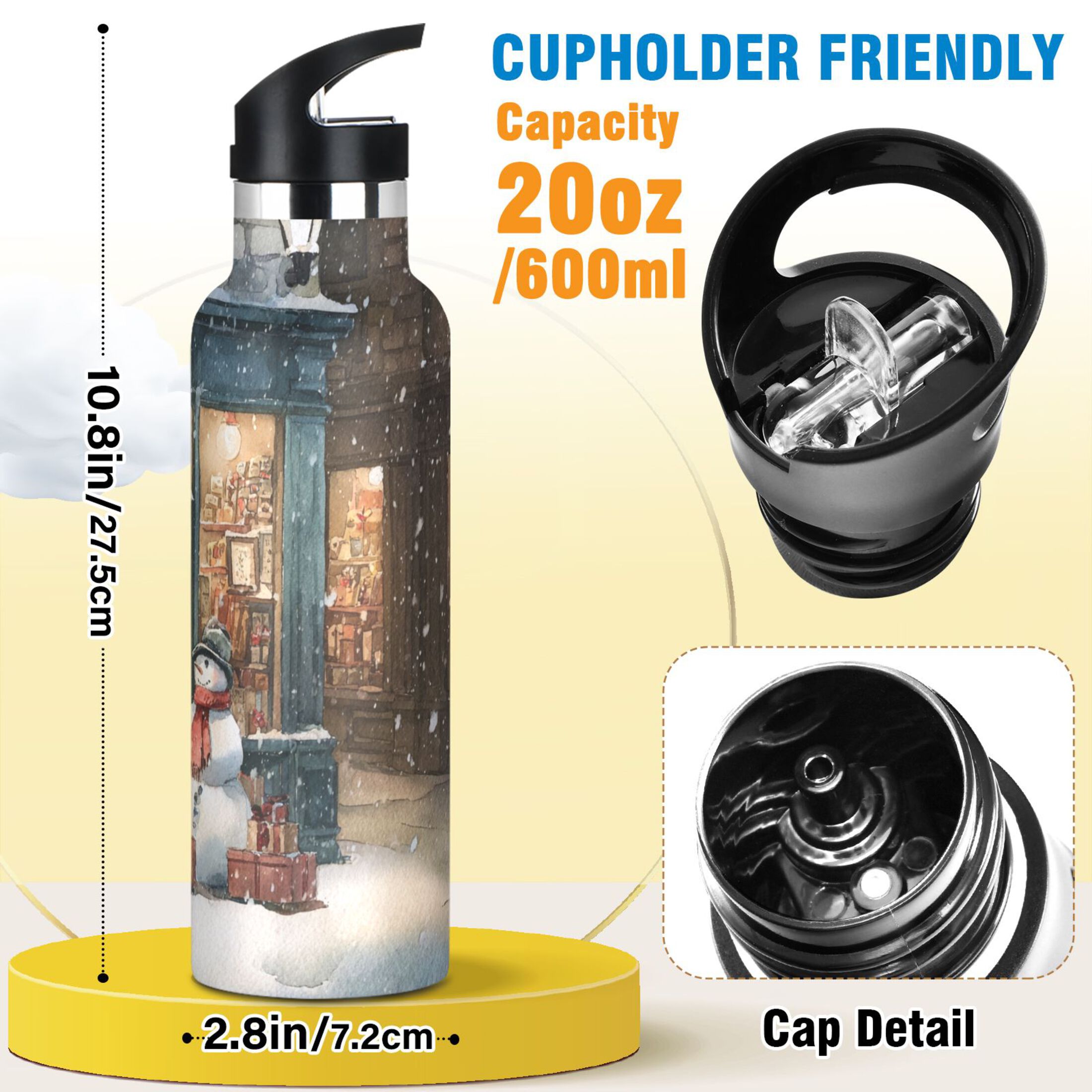 600ML Stainless Steel Insulated Cup Sports Water Bottle Portable Thermos Cup Water Glasses Insulated Tumblers Convenient and Durable Christmas Street Scene