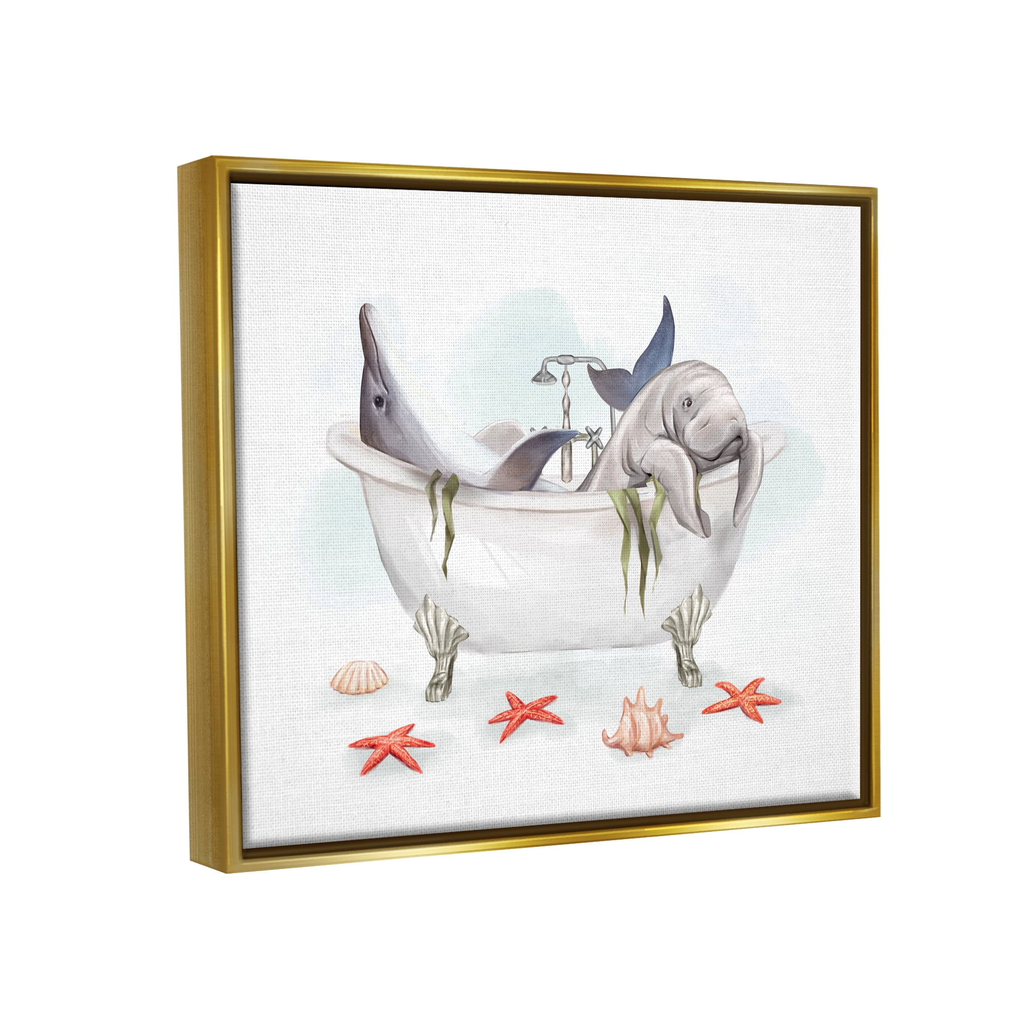 Stupell Industries Dolphin & Manatee Bathtub Animals & Insects Painting Gold Floater Framed Art Print Wall Art, 31 x 25