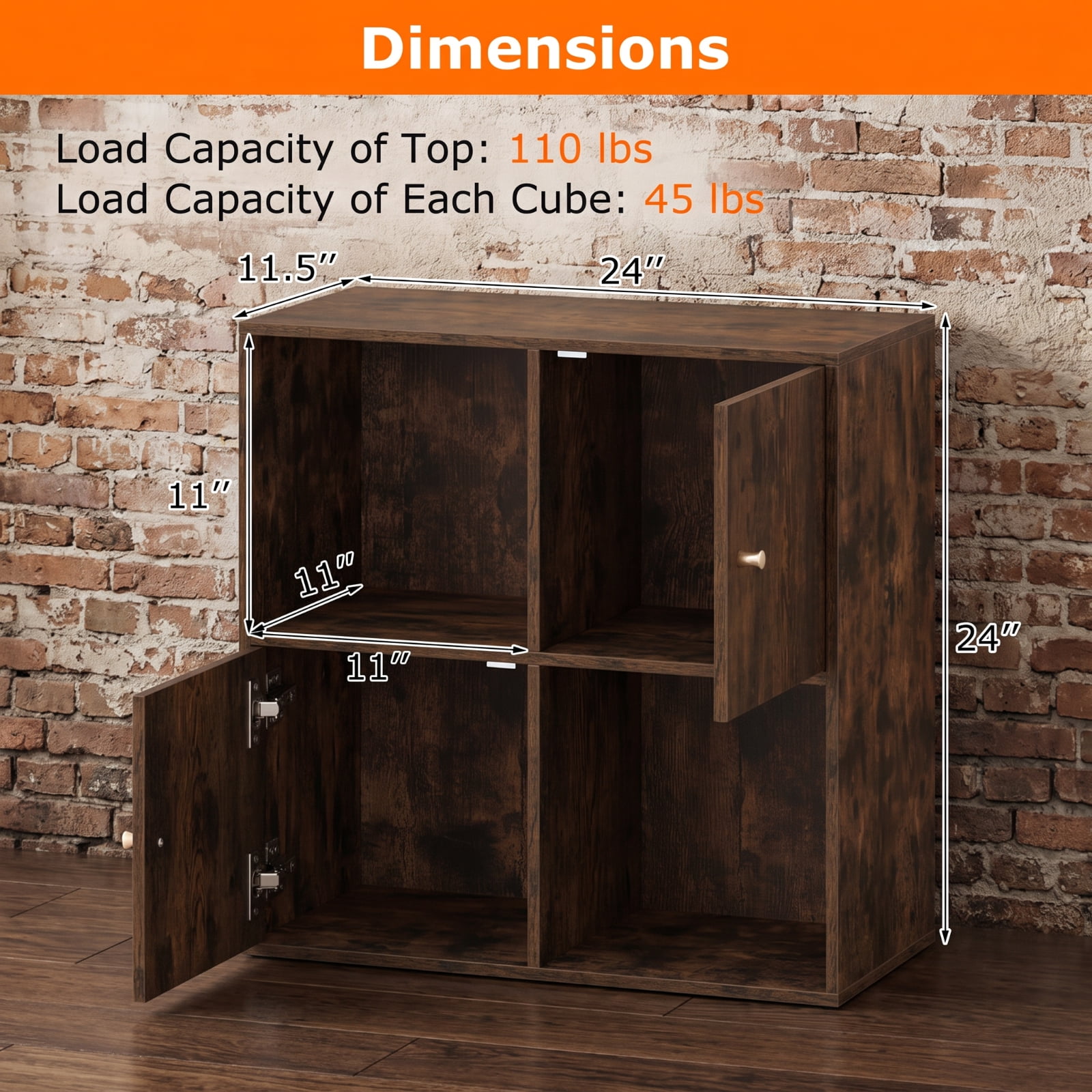 Furnibear 4-Cube 3-Tier Bookcase with 2 Cabinets Dual Anti-Tipping Kits and Metal Knobs for Living Room and Home Office, White