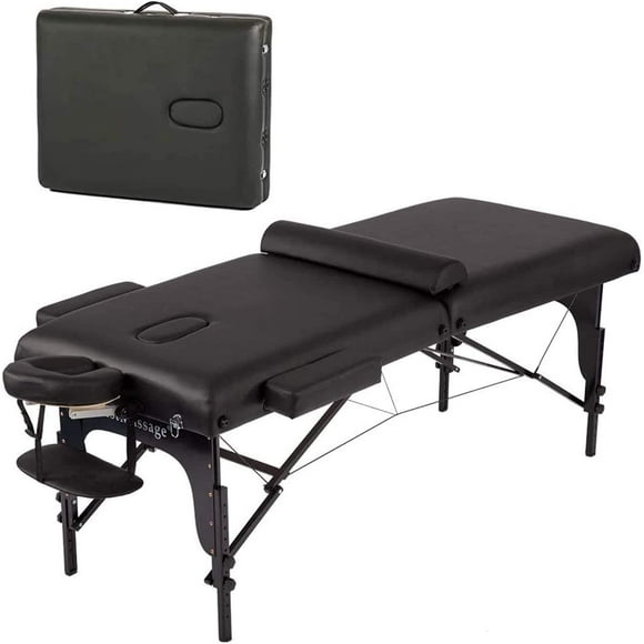 FDW 77"x30" Portable Massage Table, 4" Thick Memory Foam, Adjustable Height 2-Fold Spa Bed, Face Cradle & Carry Case for Salon, Therapy, Home, Black
