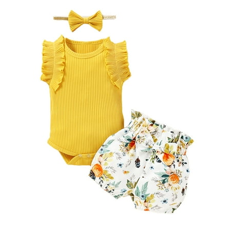 

Kucnuzki 3 Months Baby Girl Summer Outfits Shorts Sets 6 Months Fly Sleeve Pit Stripe Sweet Cozy Romper Tops Elastic Cozy Rose Prints Bubble Shorts Headband 3PCS Set Yellow