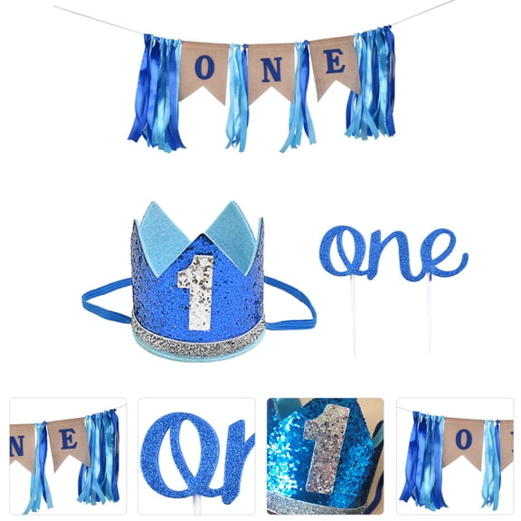 GOOHOCHY  First Birthday Hanging Banner Crown Flag Cake Insert Baby Party Decoration Boy