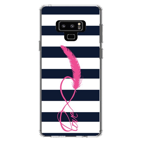 DistinctInk Clear Shockproof Hybrid Case for Samsung Galaxy Note 9 - TPU Bumper, Acrylic Back, Tempered Glass Screen Protector - Navy White Stripes Pink Love - Stripes Pattern