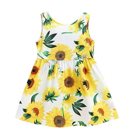 

DNDKILG Baby Toddler Girl Dress Sleeveless Sunflower Sundress Summer Dresses White 24M-6Y 140