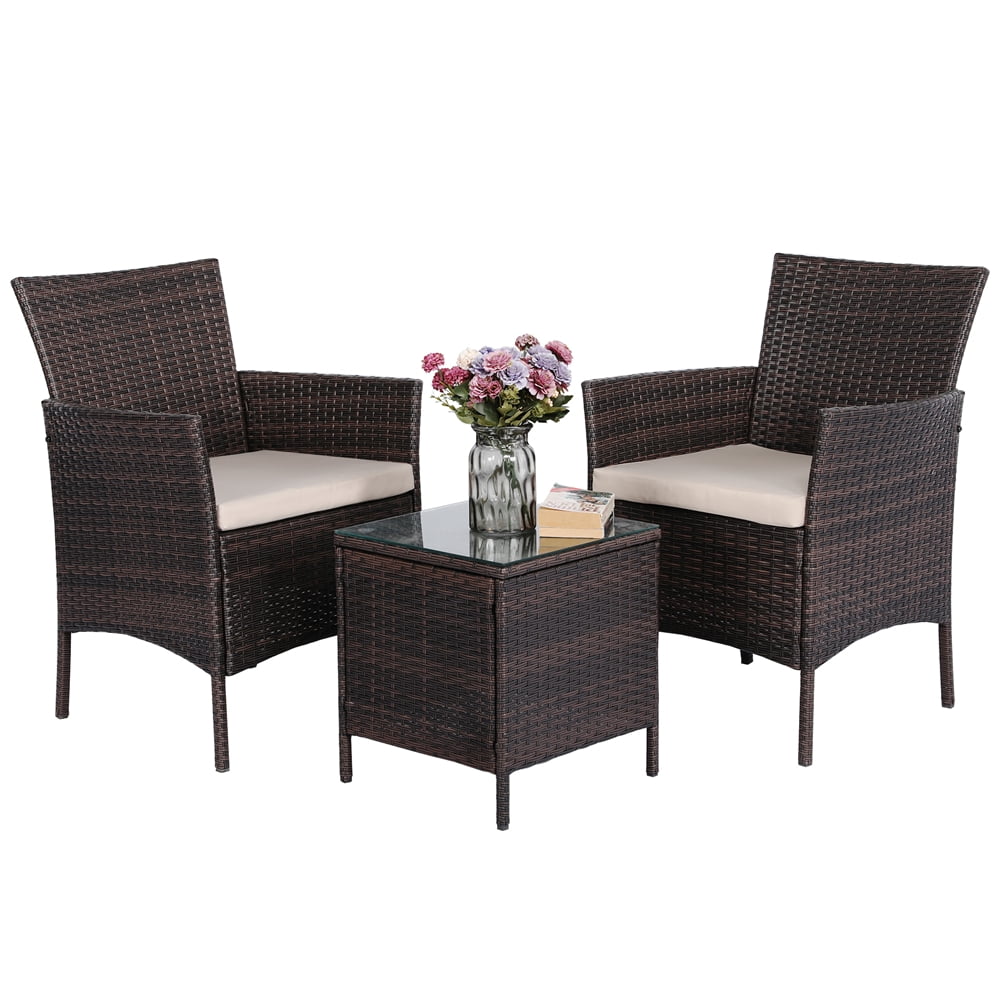 Patio Porch Furniture Sets 3 Pieces PE Rattan Wicker Chairs w/ Table 