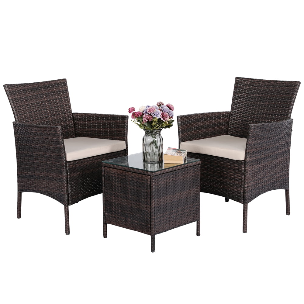 Yaheetech 3 Pieces Bistro Patio Set with PE Rattan Wicker Chairs and Table for Outdoor Garden 