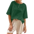 thumbnail image 1 of Rhuody Summer Tops For Womens O Neck Short Sleeve Button Down Loose Fit Tee Solid Color T Shirt Simple Wear Green L, 1 of 5