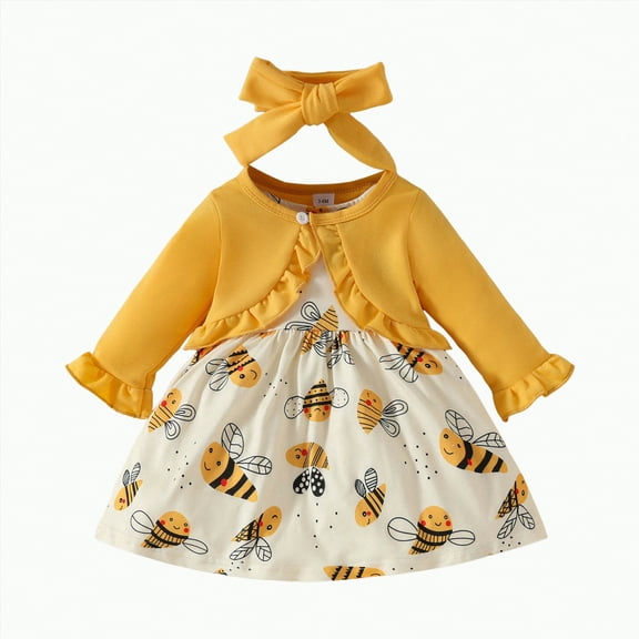 HCNTES Baby Girl Dress 3PCS Set Headband Long Sleeved Cardigan Sleeveless Dress Set Toddler Baby Girls Fall Winter Clothes(12-18 Months,Yellow-K1)