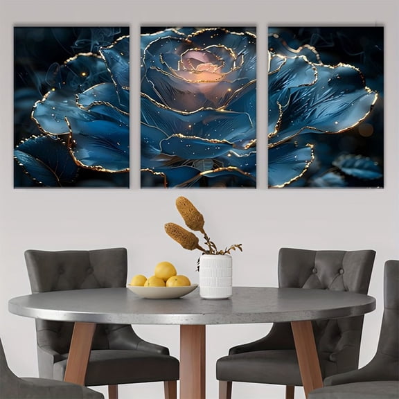 3pcs Blue Rose Canvas Art Set with Golden Accents - Frameless, High-Quality Prints for Elegant Living & Dining Room Decor, Ideal Gift for Home Aesthetics, Home Decor And Accessories