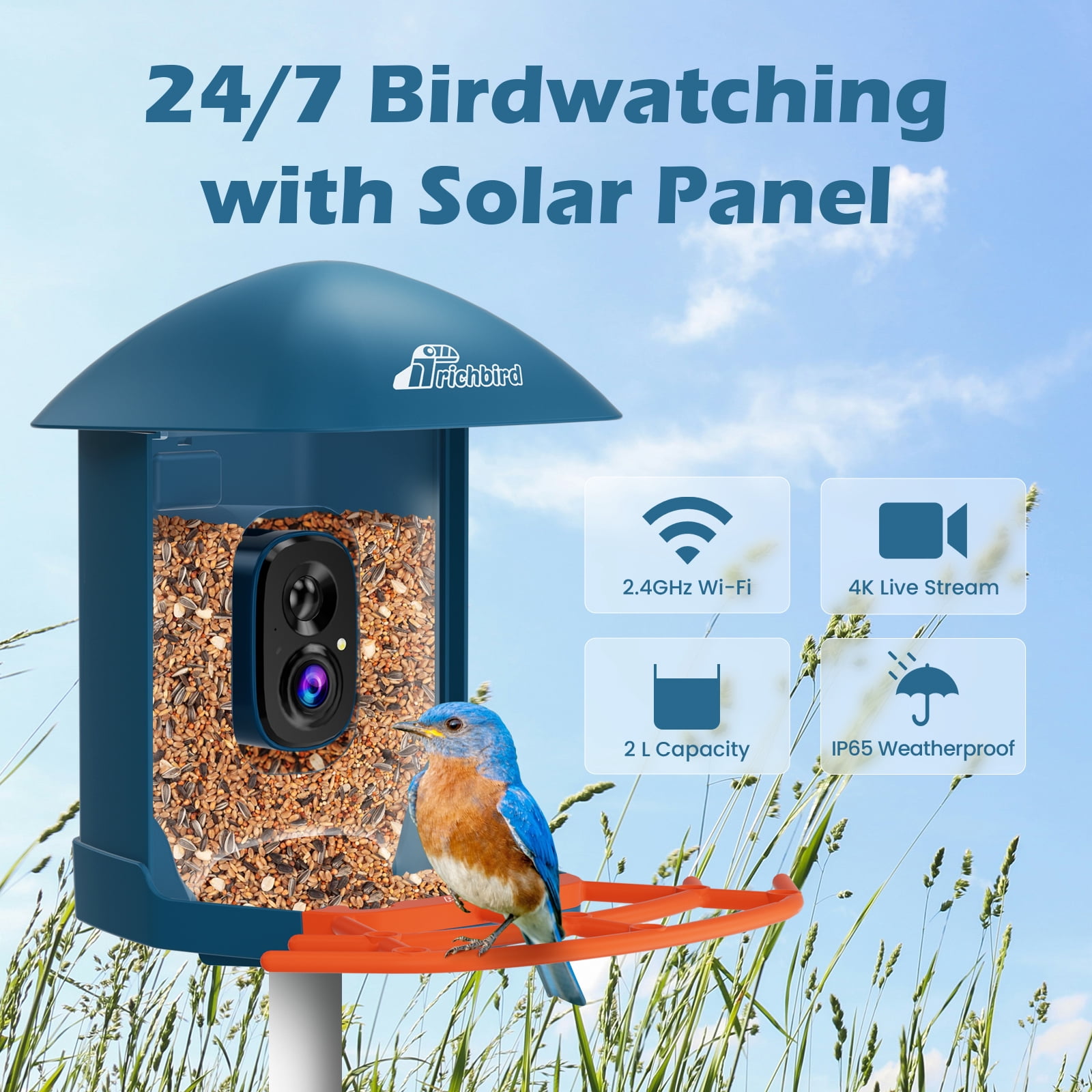 Coolfly x Richbird Wireless Solar Smart Bird Feeder with 2K HD Camera and Free AI Identification, Waterproof Outdoor Bird Watching Camera with Phone App & Two-Way Audio - Deep Blue