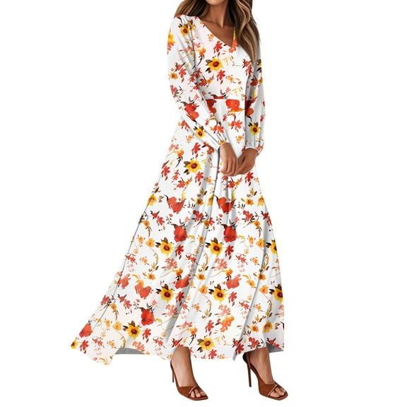 Women's Summer Dresses Casual Long Sleeve Maxi Dresses with Cute Floral Print and V-Neck, Flowy and Romantic for Wedding Guest or Daily Wear,Watermelon Red,Size 2XL