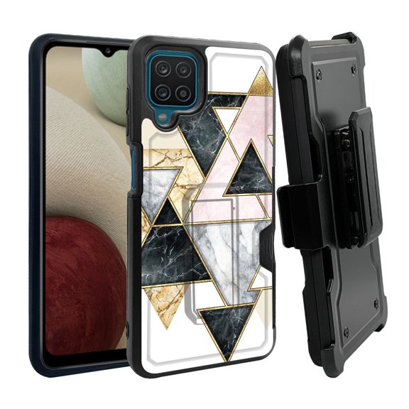 ANJ  Rugged Dual Layer Shockproof Holster Case w/Card Slot, Kickstand   Tempered Glass for Samsung Galaxy A12 - Marble Puzzle