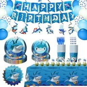 194 Pcs Shark Birthday Party Decorations, Shark Birthday Supplies Includes Disposable Plates and Napkins, Cups, Hanging, Tablecloth, Banner, Cake Topper, Balloons, for Under the Sea Party Decorations