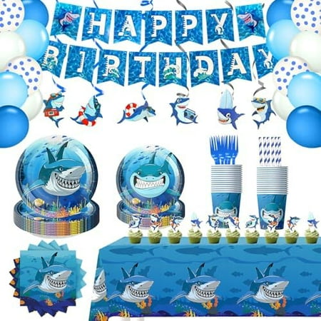 194 Pcs Shark Birthday Party Decorations, Shark Birthday Supplies Includes Disposable Plates and Napkins, Cups, Hanging, Tablecloth, Banner, Cake Topper, Balloons, for Under the Sea Party Decorations