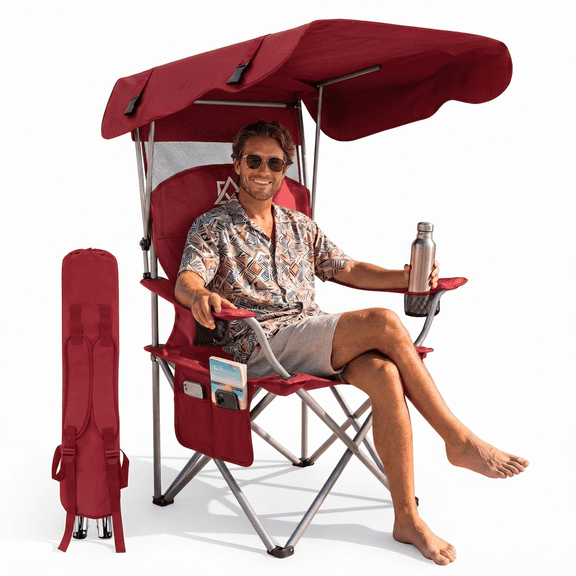 Portable Folding Outdoor Shade Camping Chair, Wide Seat with Breathable Mesh Backrest, Dual Side Cup Holders & Storage Pocket, Equipped with Carry Strap, Foldable Lightweight Lawn Chair for Beach