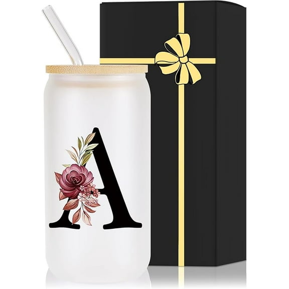 Monogrammed Glass Drinking Cup With Lid Straw Best Female Friend Happy Birthday Ideal Close Women Bf Stuff Bestie Soul Sister Ever Long Distance Personalized Unique Cute Christmas Xmas Gift Present