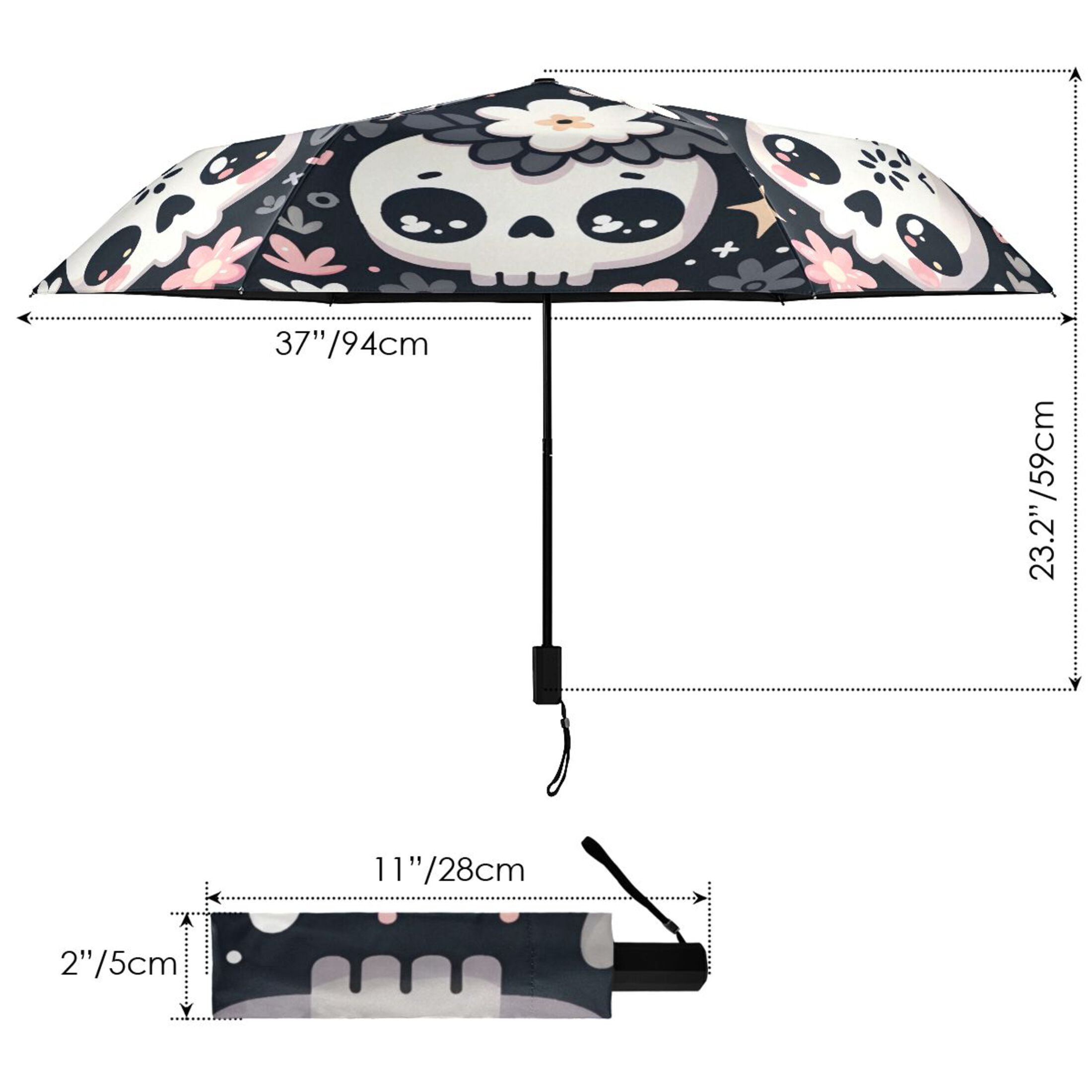 Funny Skull with Flower Compact Sun Umbrella Windproof Travel Umbrellas for Rain Strong Portable UV Protection