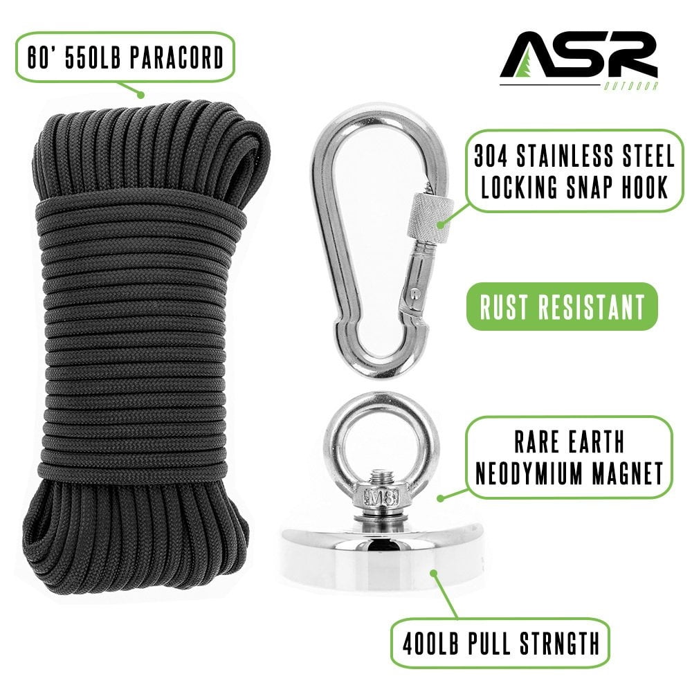 ASR Outdoor 3pc 400lb Neodymium Magnet Fishing Kit with 550 Paracord Magnetic Retrieval Tool Treasure Hunting