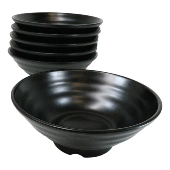 Pack Of 6 Modern Ridged Matte Black Melamine Large Round Ramen Soup Bowls 48oz