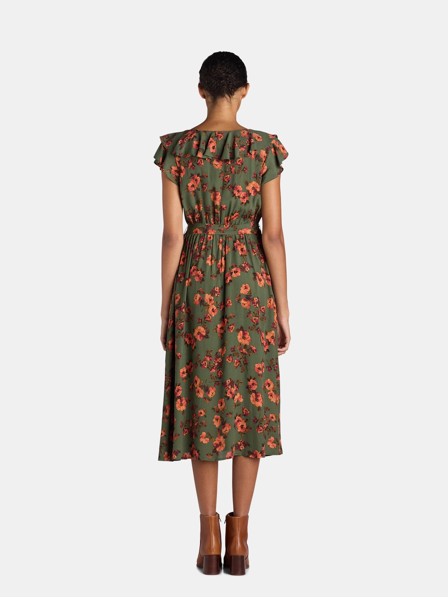 Time and Tru Women's and Women's Plus Ruffle Neck Midi Dress, Sizes XS-4X