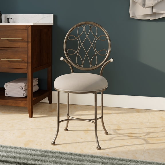 HH2 Home O'Malley Metal Vanity Stool, Antique Brass with Beige Fabric