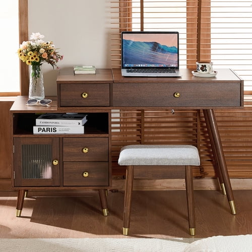 3-in-1 Vanity Desk with Lighted Flip-Top Mirror & Adjustable Cabinet, Makeup Dressing Table with Stool, Dresser with Drawers for Bedroom, Walnut