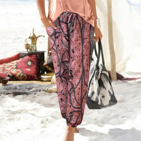 

Panties For Women High Waist Printing Easy Trousers Long Pants Boho Beach Pockets Red M