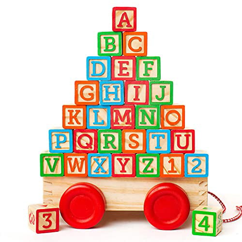Toy Wagon Included﻿ Stackable Wooden Baby Blocks with Alphabet and Number Icons on Every Side Oaktown Supply Building Blocks for Toddlers 1-3 Years Old 30 Large 