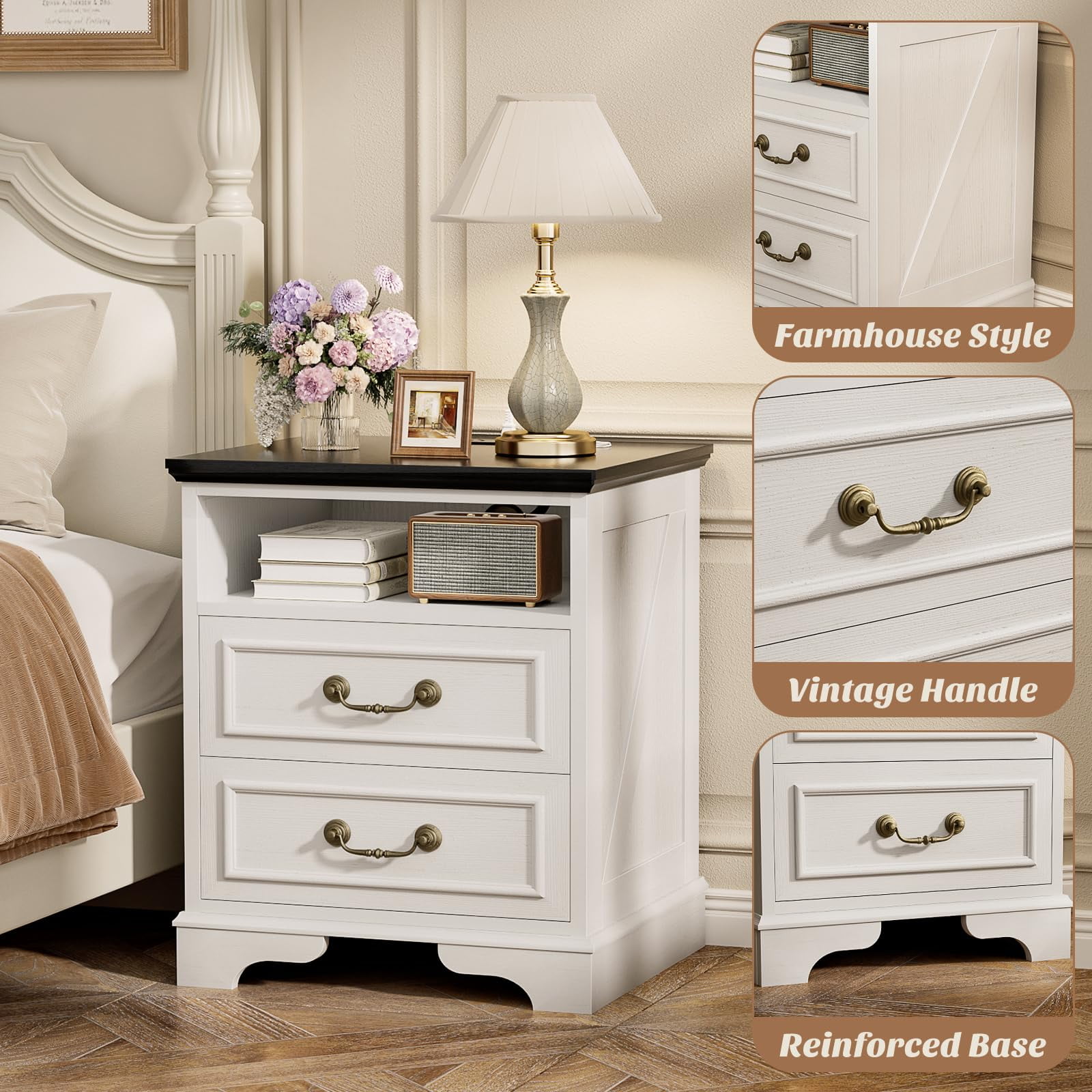 Homieasy Set of 2 Nightstands with Charging Station, Farmhouse Rustic Bedside Tables with USB-C Ports, AC Outlets, Drawers & Open Shelf for Bedroom, Living Room,Rustic White