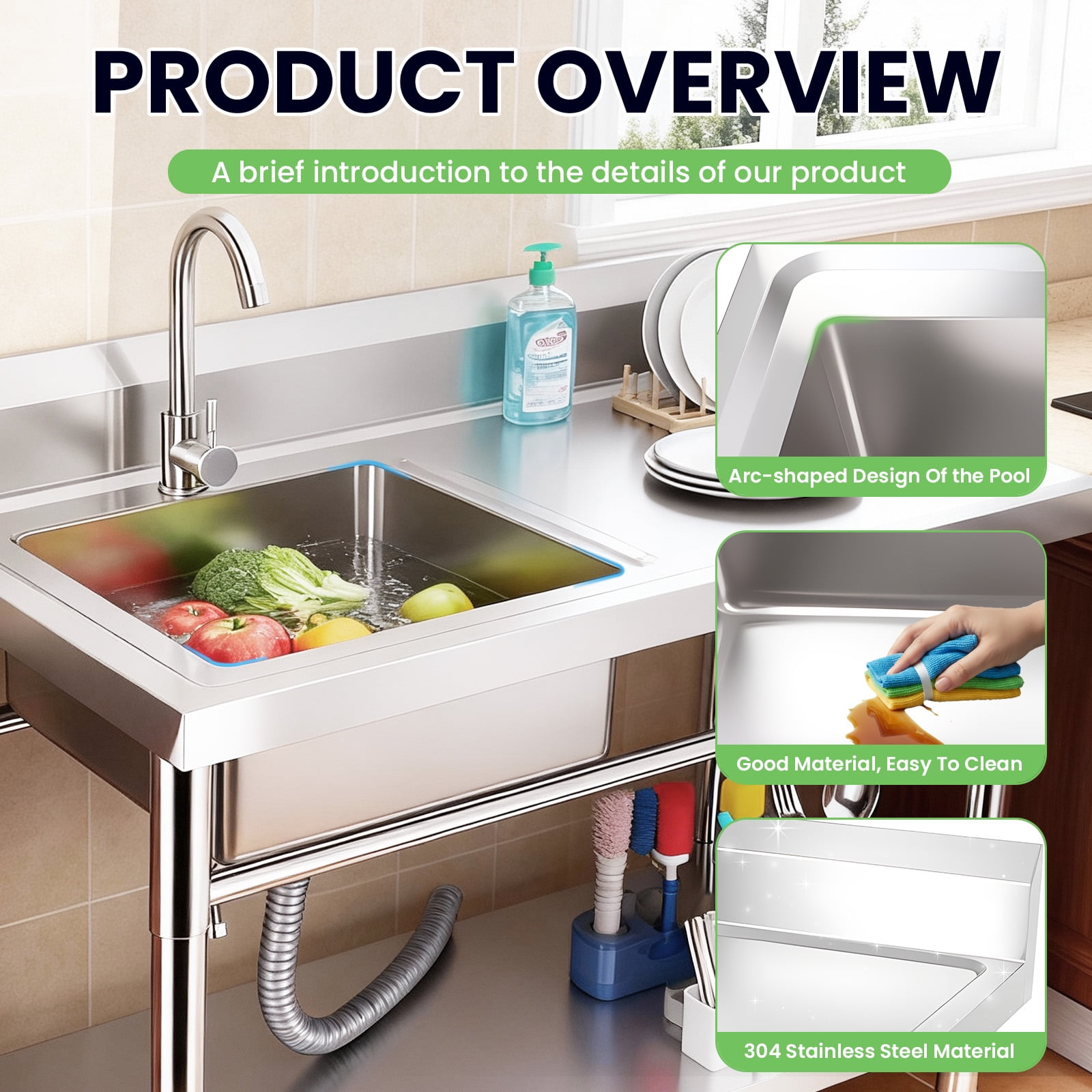 Stainless Steel Laundry Sink Utility Sink, Wall-Mounted Commercial Single Bowl Sinks Kitchen Sink with Worktable Cutting Board Faucet for Garage Farmhouse Outdoor Indoor