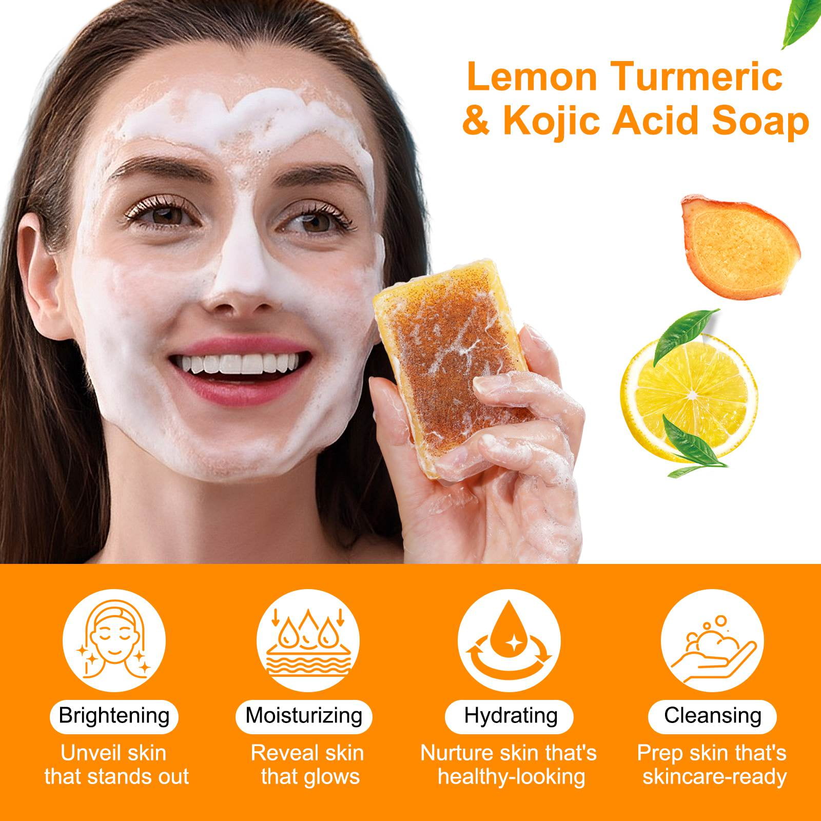3PCS ikzee Kojic Acid Lemon Turmeric Soap for Face and Skin, Acne Scar - Dead Skin - Deep Cleansing - Refreshing (Foam Net Included)