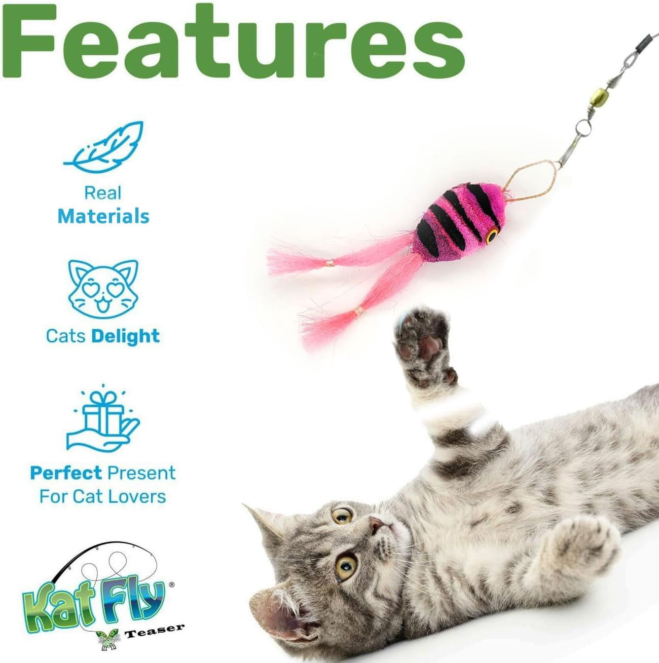 Kat Fly 3 Inch Handmade Cat Toy Teaser Wand Refill Frogs with 19 Inch White Wand - 3 Pack Green, Pink, and Purple Natural Material Toys