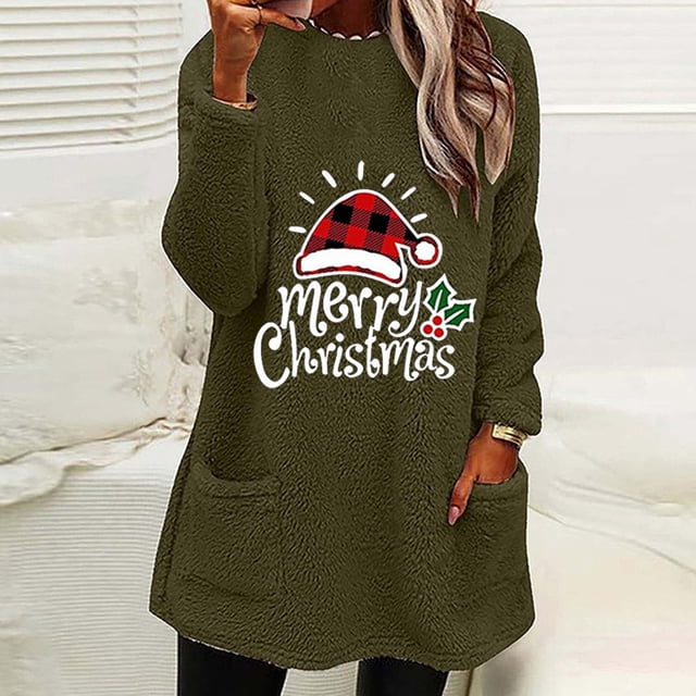 Qertyioot Hauts Grande Taille pour Femmes, Blouse de Noël Col Rond et Hiver Ample avec Poche Imprimée Manches Longues