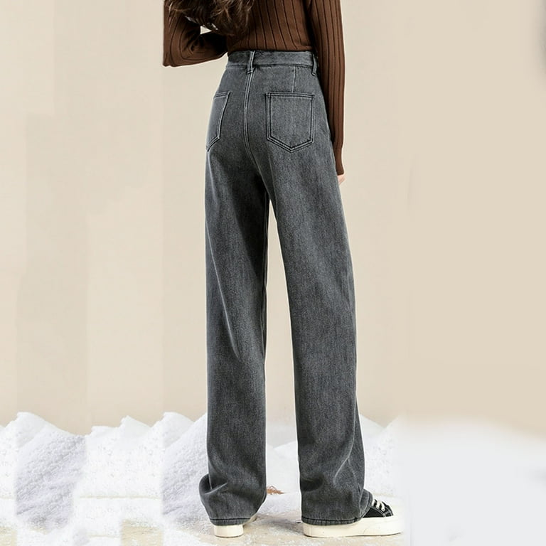 ZHOGXU Women Jeans With Pocket Velvet Thickened Wide Leg High