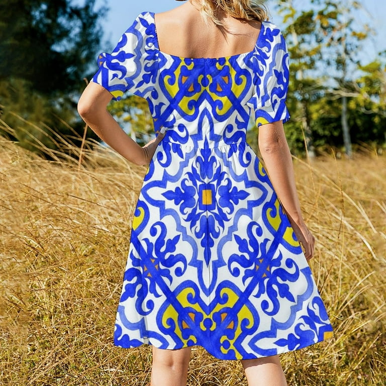 blue and white tile print dress Catania Blue and White Tile Print Midi Dress L / Blue