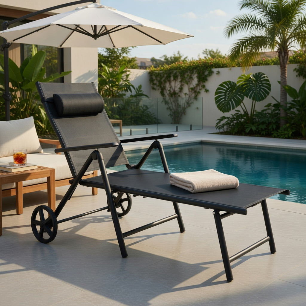 Hommoo Adjustable Outdoor Lounge Chair with Wheels, Aluminum Patio Recliner with Neck Pillow & 7-Position Backrest for Backyard, Poolside & Deck, Gray