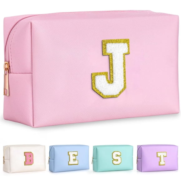TOPEAST Regalos de cumpleaños para niñas, Neceser de viaje de chenilla con diseño de letras, Organizador de maquillaje, Regalos de dama de honor con monograma, Cosas lindas para niñas (J rosa)