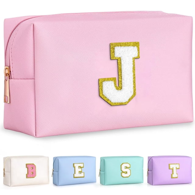 TOPEAST Regalos de cumpleaños para niñas, Neceser de viaje de chenilla con diseño de letras, Organizador de maquillaje, Regalos de dama de honor con monograma, Cosas lindas para niñas (J rosa)