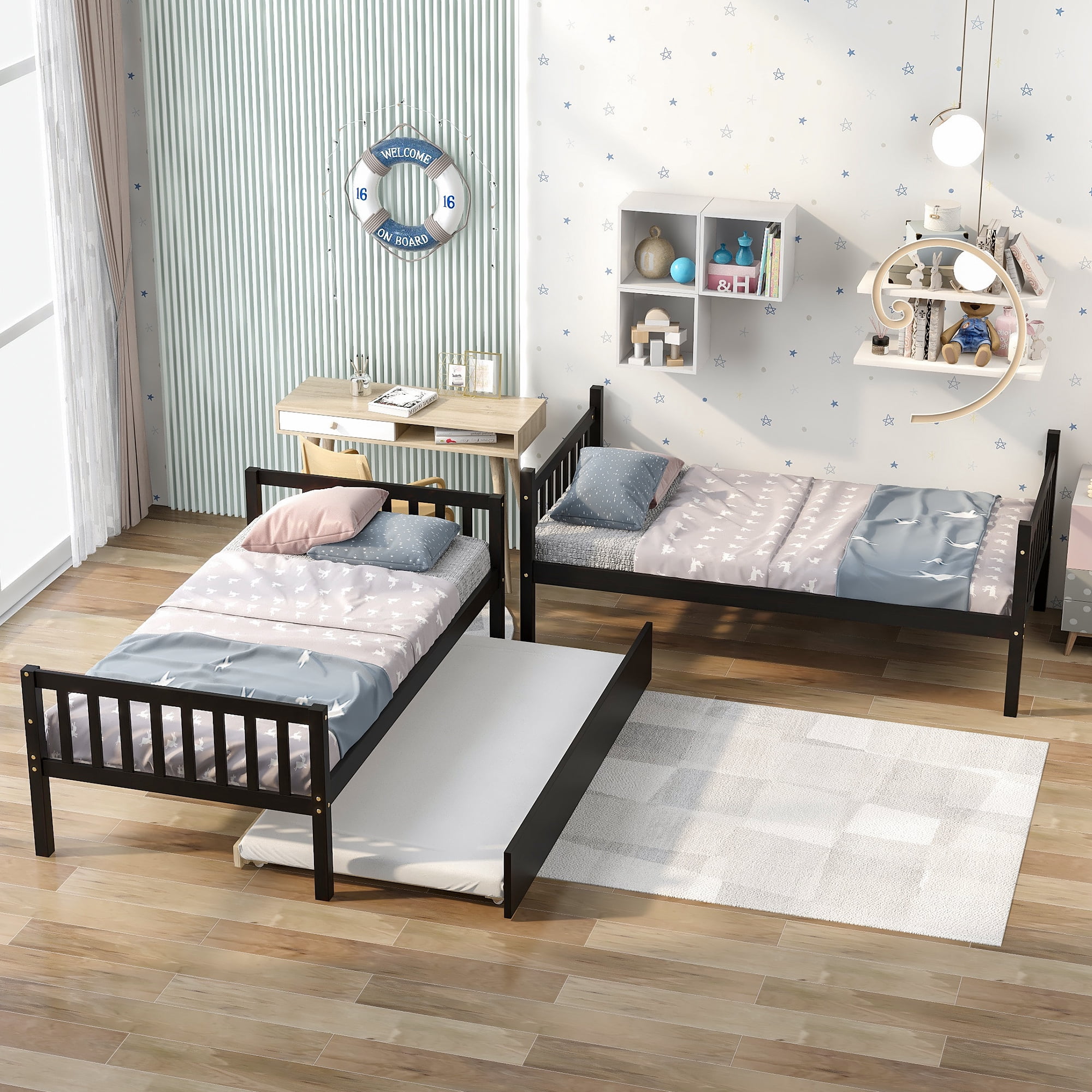 Aukfa Twin over Twin Bunk Bed with Trundle, Wooden Bunk Bed Frame for Kids - Espresso