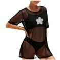 thumbnail image 2 of Maqroz Mesh Cover Up Women Short Sleeve Beach Tunic Sheer Flower Applique Swimsuit Coverup Side Split Summer Vacation Mini Dress, 2 of 7