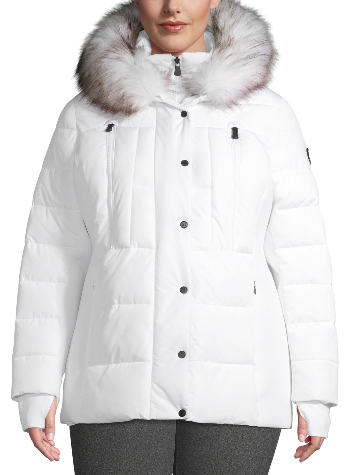 women's short puffer jacket with fur hood
