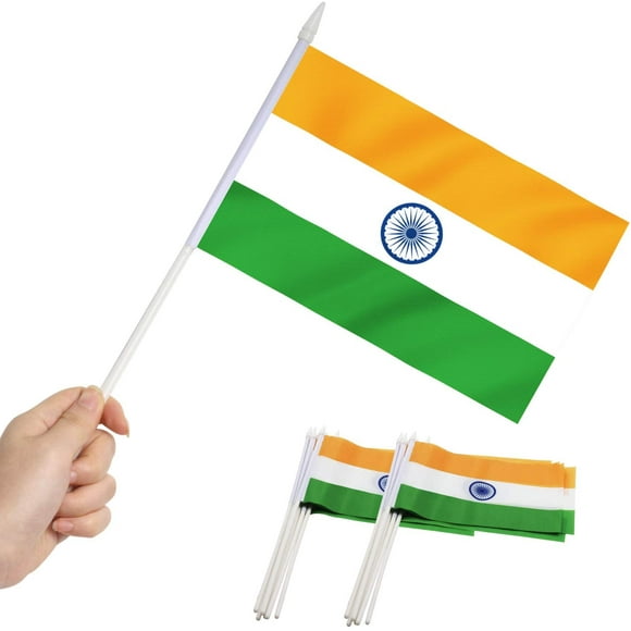 Anley India Mini Flag 12 Pack - Hand Held Small Miniature Indian Flags on Stick - 5x8 Inch with Solid Pole & Spear Top