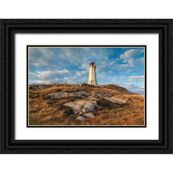 Bibikow, Walter 24x18 Black Ornate Wood Framed with Double Matting Museum Art Print Titled - Canada-Nova Scotia-Louisbourg-Louisbourg Lighthouse-dusk